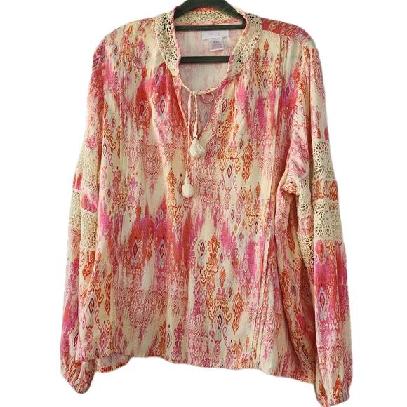 Stella Parker Tops - Stella Parker Bohemian Long Sleeve Top Crochet coastal XXL boho Pink Cream New